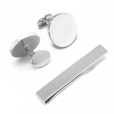 Sterling Silver Round Engravable Cufflinks and Tie Bar Set