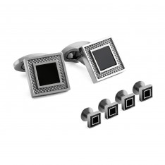 Square Textured Border Onyx Stud Set