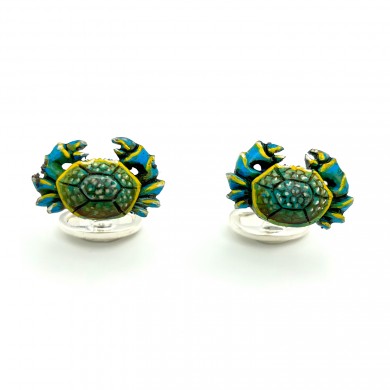 Hand Carved & Painted Teal Crab Cufflinks