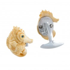 Hand Carved Wooly Mammoth Tusk and Sapphire Seahorse Cufflinks