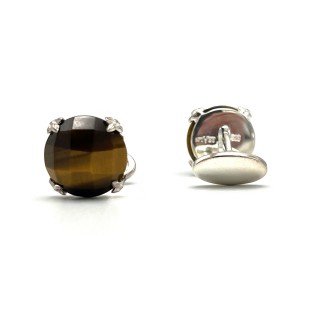 Facet Tiger Eye Sterling Silver Silver Fleur De Lis Cufflinks