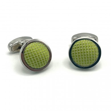 Silver Round Light Green Textured Fabric Cufflinks