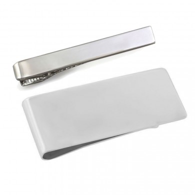 Silver Engravable Tie Bar and Money Clip Set