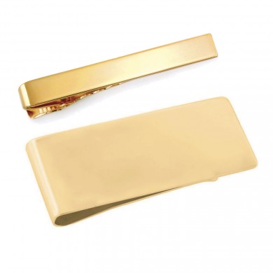 Gold Engravable Tie Bar and Money Clip Set