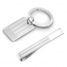 Etched Silver Engravable Tie Bar and Key Ring Set