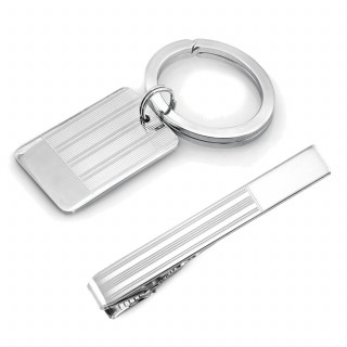 Etched Silver Engravable Tie Bar and Key Ring Set