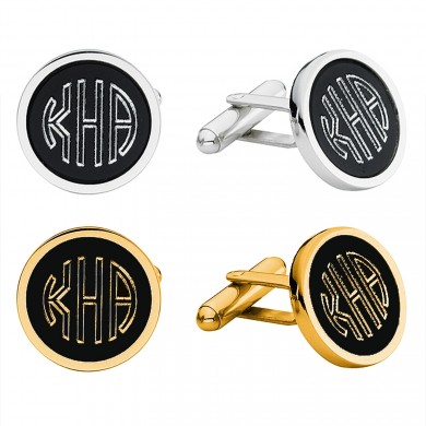 Silver and Gold Engravable Black Cufflink Set