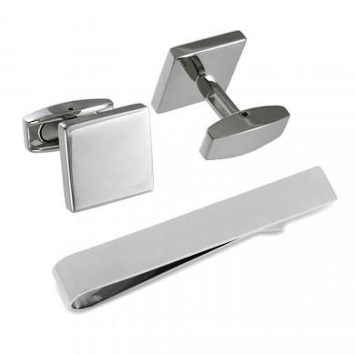 Stainless Steel Engravable Cufflinks and Tie Bar Set
