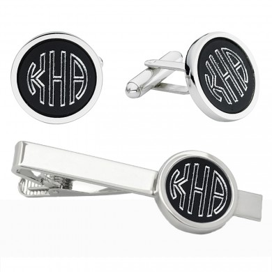Round Black and Silver Cufflinks and Tie Bar Set
