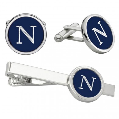 Round Blue and Silver Cufflinks and Tie Bar Set