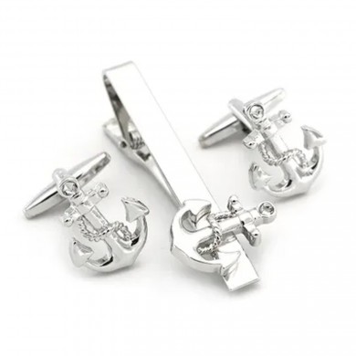 Silver Anchor Cufflinks & Tie Clip Set